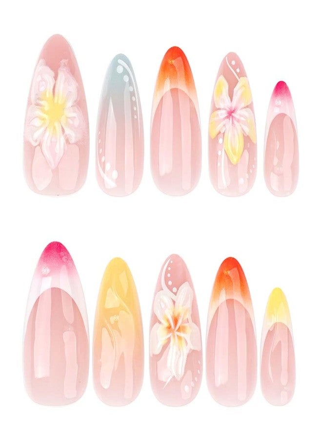 Foccna Press on Nails French Medium, Coloful Fake Nails Almond Acrylic False Nails 3D Flower Design,Artificial Glue on Nails for Women 24pcs - Image 4